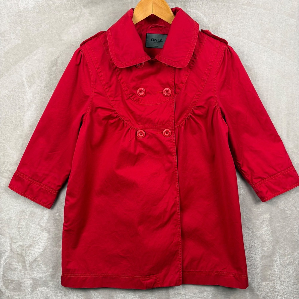 ONLY Musha Jacket Women Size L Red Double‎ Breasted Retro Trench 3/4 Sleeves